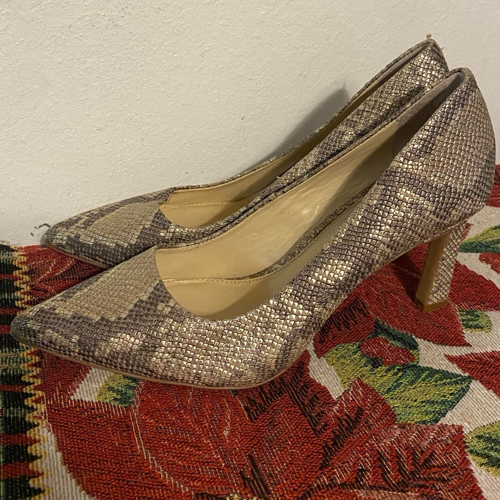 Vince Camuto Metallic Snakeskin Pointed Toe Pumps in Taupe - Picture 3 of 8